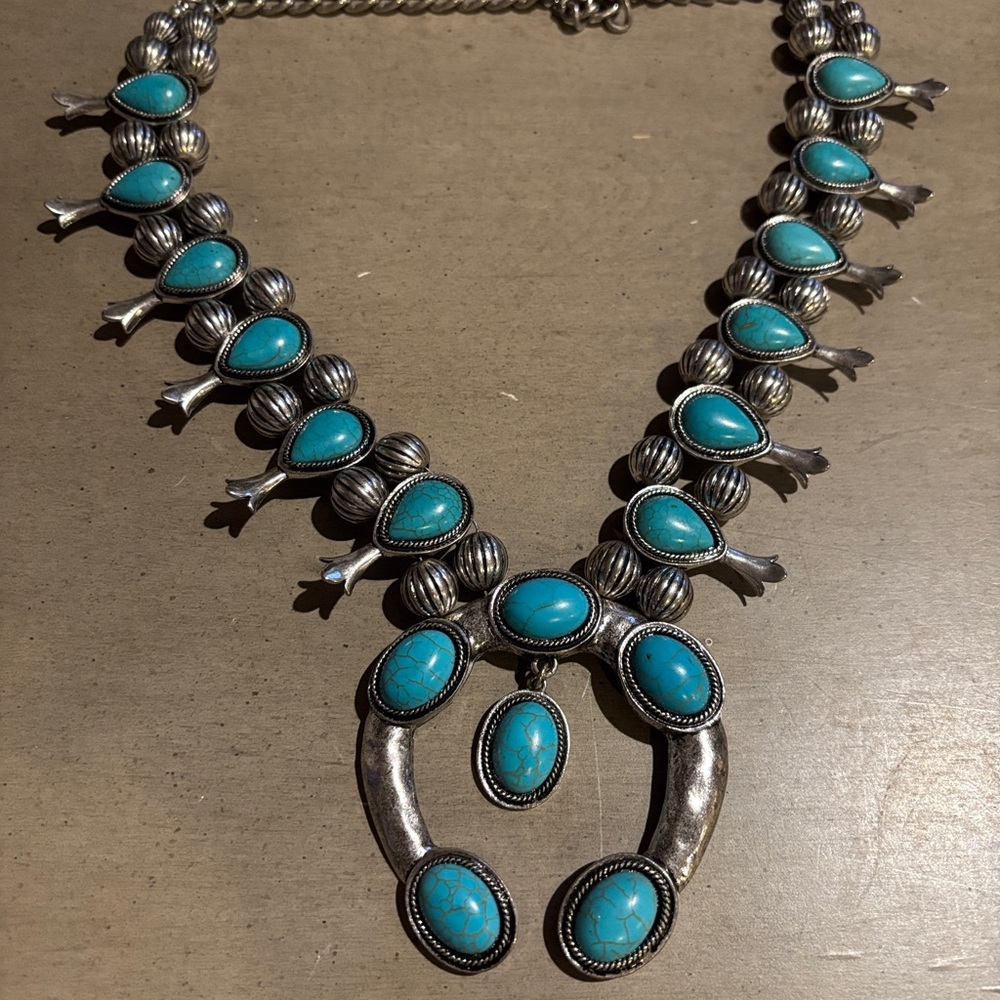 Turquoise and Silver Squash Blossom Necklace Costume Jewelry Festival Vibe